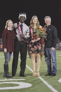 Dalene White and President Perry White flank this year’s homecoming king and queen, seniors Austin Mitchell of Plano, Texas, and Tia Goertzen of Goessel.