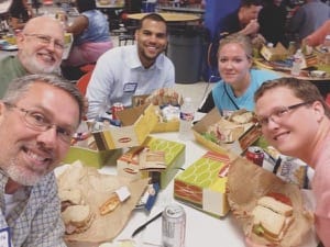 Allen Jantz, bottom left, takes a selfie with four other teachers (all Bethel education graduates) new to the Wichita school district in September 2015; clockwise from Jantz: Tom Szambecki ’03, Robbie Wright ’13, Ginny Yunker ’11 and Micah Smith ’14.