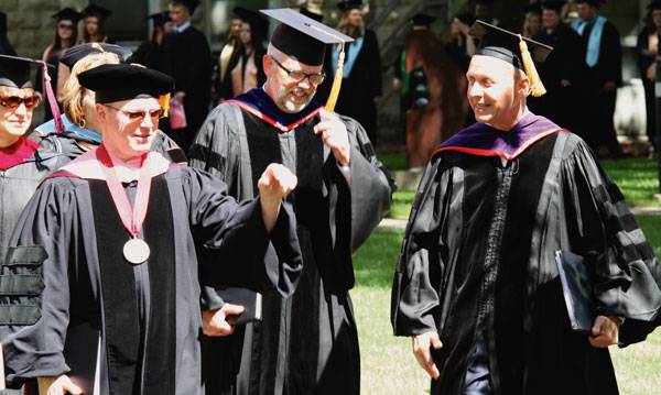 One thing Brad Born especially enjoyed about being vice president for academic affairs was the “ceremonial features.” He is pictured, center, at Commencement 2015 with President Perry D. White, left, and commencement speaker LaVerne Epp.