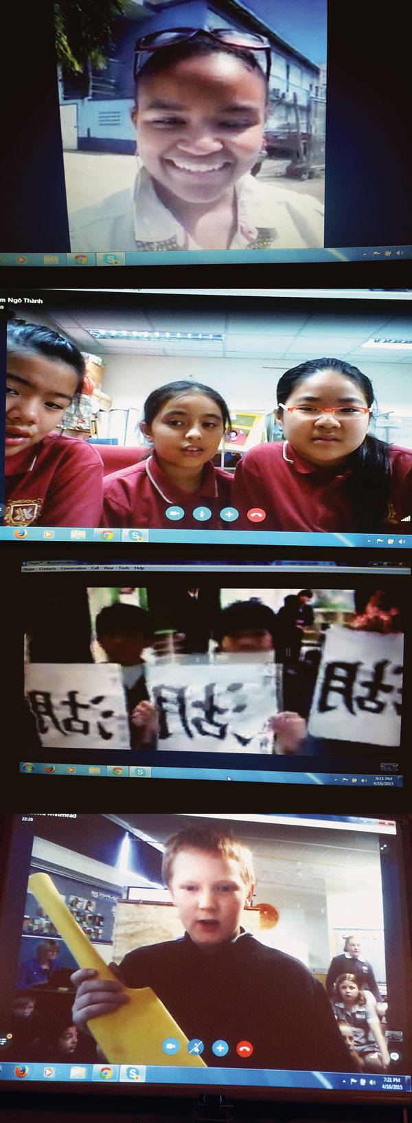 Screen shots from Todd Flory’s class’s Skype® Around the World Day last April, from the top: U.S. Virgin Islands; Australia; Vietnam; Japan.