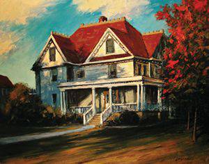Bethel’s Goerz House likely played a key role in inspiring one of the most popular plays of the 20th century and many other works of art, like 'Arsenic and Old Lace' by Joseph Loganbill ’80 (oil on panel, ca. 2012), recently on display in the Fine Arts Center Gallery. Photo courtesy of Joseph Loganbill
