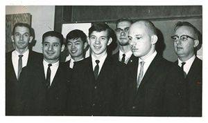 The 1964 Putnam team and coaches, from left Paul Harms, Elias Toubassi, Silas Law, Gary Lyndaker, Ken Graber, Don Quiring and Arnold Wedel (missing is Bob Pankratz).