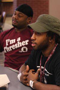Sheldon Nunnally, left, and Joshua Ross participate in a culture discussion.  Photo by Vada Snider.