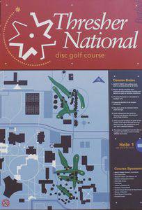 You can find a map of Thresher National Disc Golf Course on the west side of Franz Art Center.