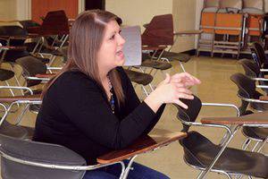 Mallory Marsh in a coaching session with forensics students. Photo by Audra Miller.